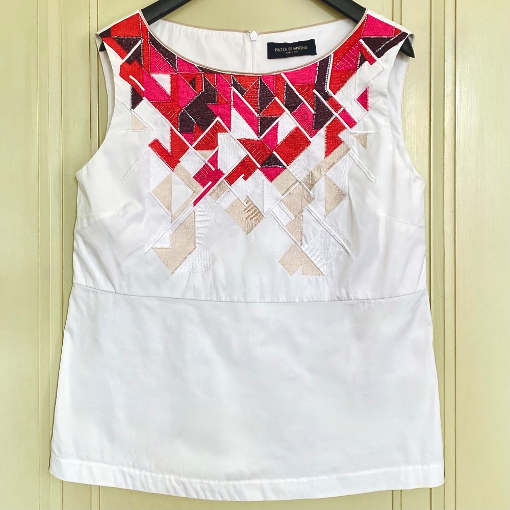 Piazza Sempione Sleeveless White Cotton Top Geometric Beadwork Sz 38 IT/ 4 US